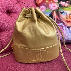 Authentic CHANEL GOLD LAMBSKIN 'CC' BUCKET BAG
